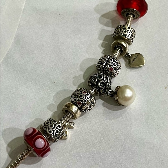 Pandora Silver and Red Bracelet with Intricate Charms - Picture 3 of 3